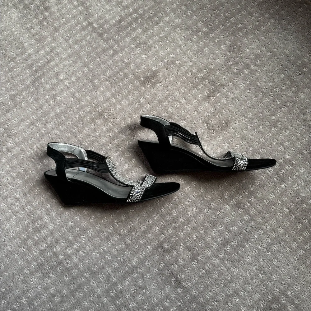 New York Transit Black and Silver Rhinestone Wedges - Picture 2 of 7